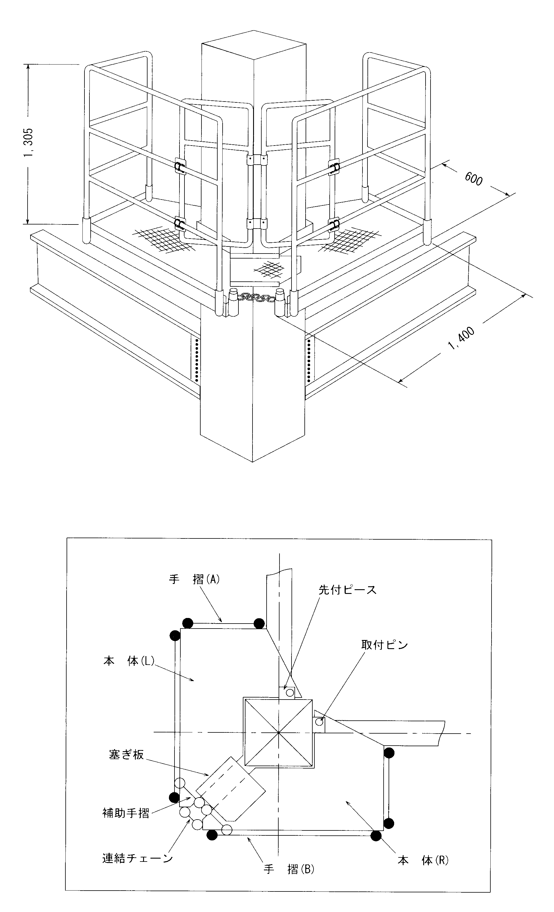 骨チケット　専用ページ コラムRTコーナー手摺（A）｜仮設足場・機材［橋梁・法面・鉄道